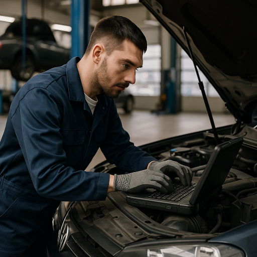 KFZ Meisterbetrieb führt professionelle Fahrzeugdiagnose durch – Hebebühny